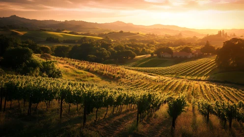 Sunlit vineyard rows across rolling rural hills at dusk.