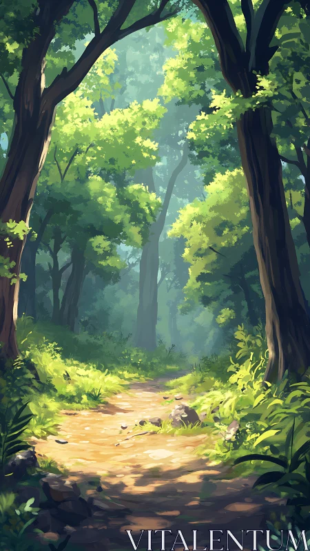 Sunlit Forest Path Through Ancient Trees and Glowing Foliage.