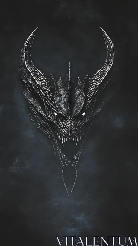 Monochrome demonic dragon head rendered as dark digital sigil