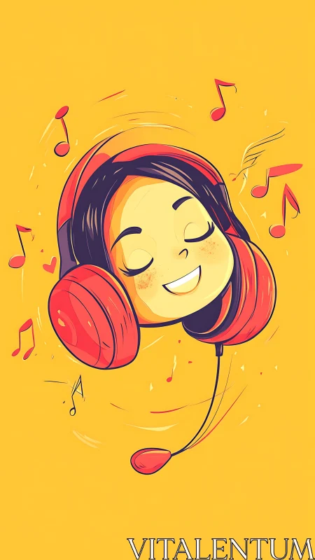 Stylized portrait of smiling girl in red headphones on yellow