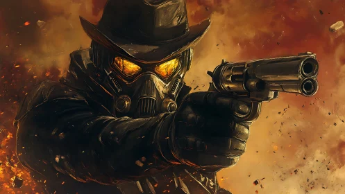 Postapocalyptic gunslinger in mask aims revolver through fire