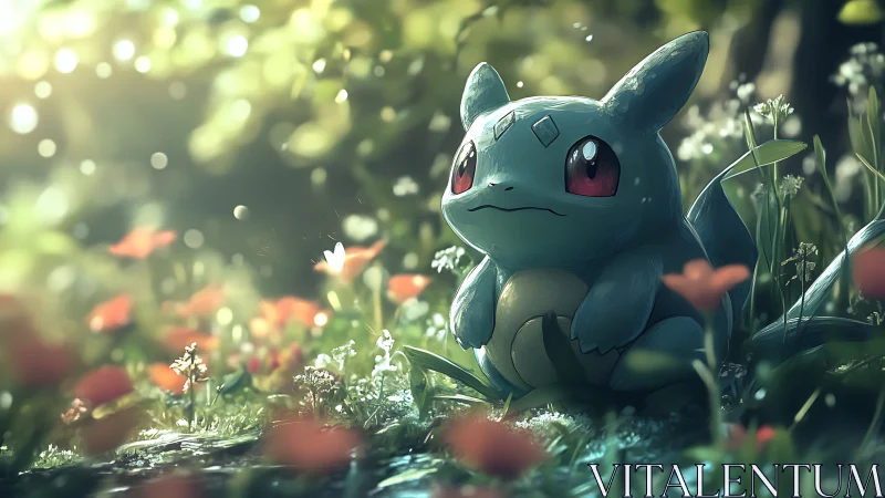 Gentle creature rests in a sunlit forest meadow of flowers