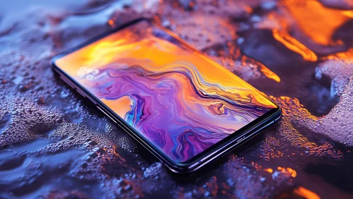 Neon tide smartphone adrift in glowing liquid dreamscape.