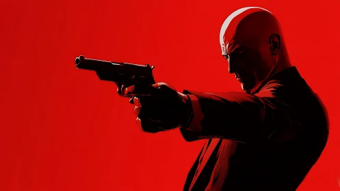 Bald gunman in red minimal backdrop, stylized silhouette profile.