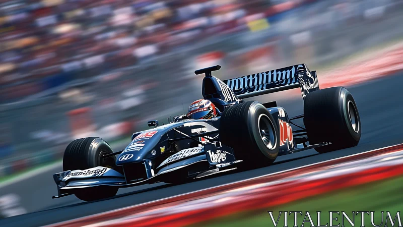 Midnight blue race car carving through a blurred hot lap.