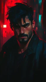 Brooding noir portrait under neon red city lights.