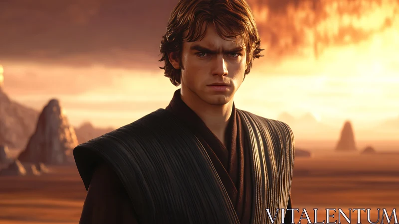 Brooding warrior stands against molten desert sunset sky.