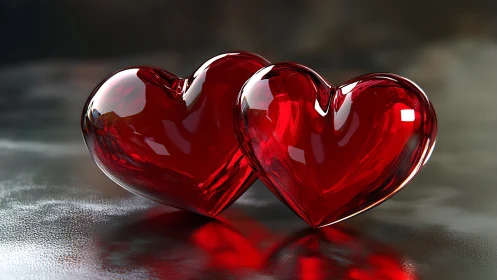Two Red Glass Hearts Resting Together.