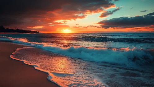 Luminous sunset surf rolling onto reflective shoreline.