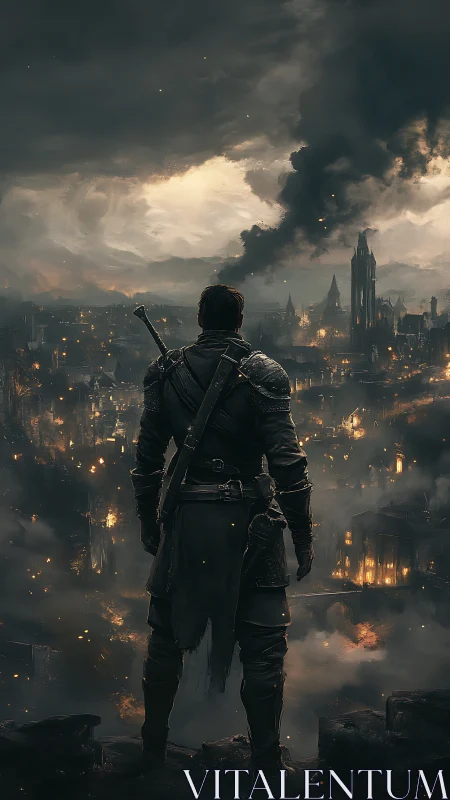 Armored sentinel surveying firelit post-siege fantasy metropolis.