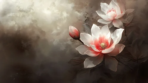 Digital painting of blooming pink and white lotus flowers against dark background