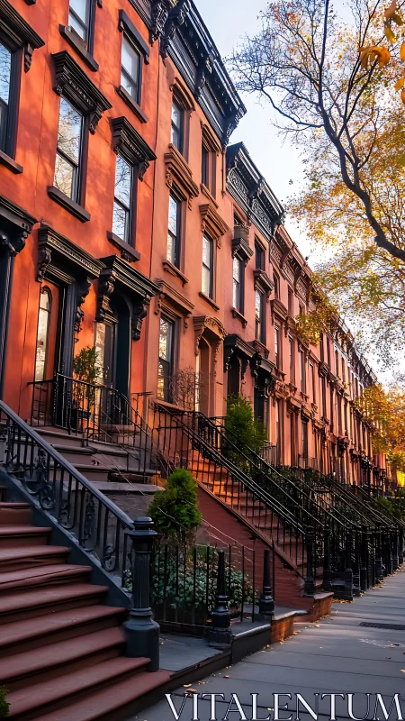 Late afternoon brownstone row with cast iron stoops and trees.