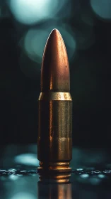 Single bullet stands upright in dramatic low key lighting.