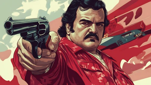 Gunman in red shirt aims revolver against bold red backdrop