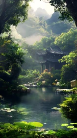 Mountain garden pavilion stands beside reflective pond surface