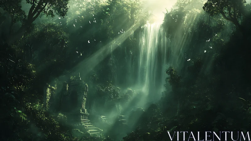 Stone structure nested within dense forest with cascading light rays