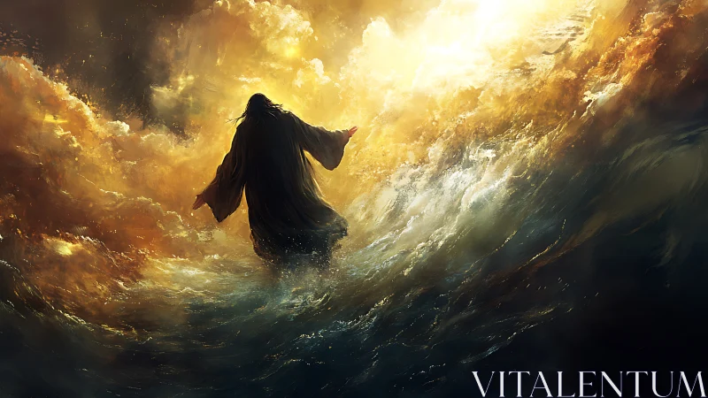 Radiant figure walking through stormy golden waves of light.