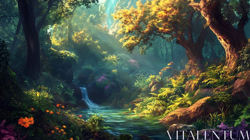 Enchanted Forest Haven with Waterfall.