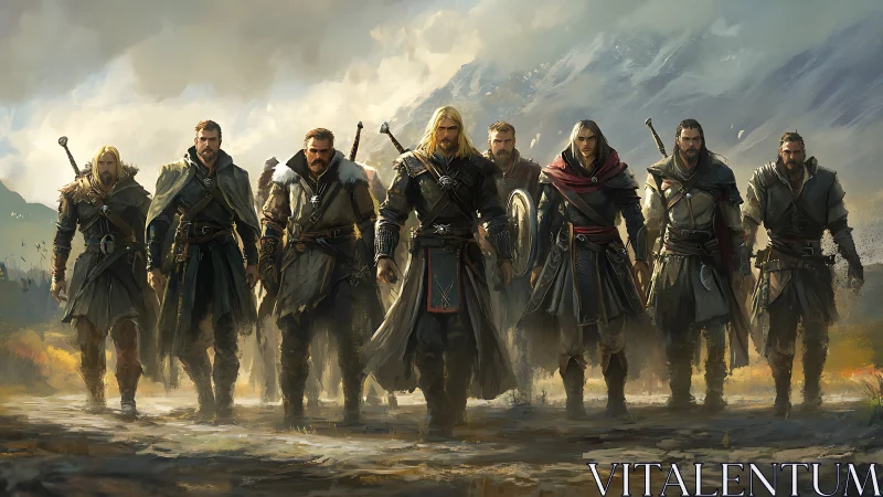Epic medieval adventuring party in cinematic digital painting.