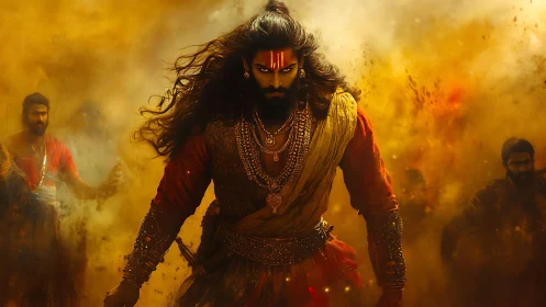 Warrior leader strides through cinematic golden dust storm.