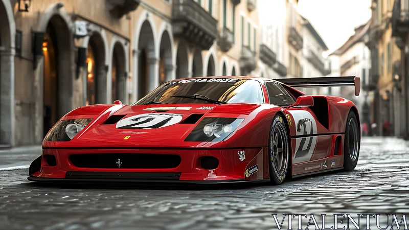 Red racing supercar stands low on cobbled European street