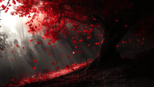 High-contrast red foliage tree under volumetric god rays in mist