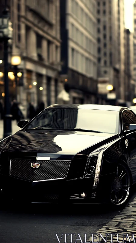 Black luxury sedan reflects tall city buildings at dusk