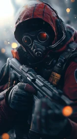 Red-hooded winter sentinel watches the frozen city burn bright