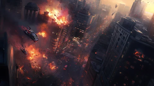 Fiery futuristic city under siege in a dramatic night sky.