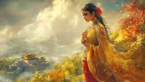 Woman in ornate attire overlooks distant temple landscape