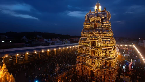 Golden temple tower blazing against electric monsoon dusk.
