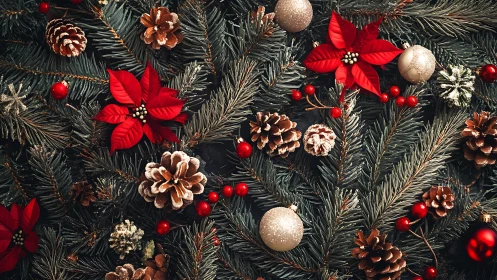 Festive pine branches glow with poinsettias and ornaments