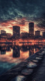 City waterfront skyline with high-rise towers at dusk.