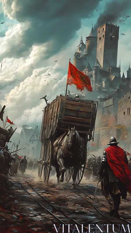 War-torn medieval convoy advances toward besieged citadel.