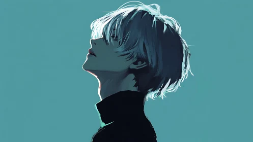 Side-lit anime portrait isolates profile in cyan negative space