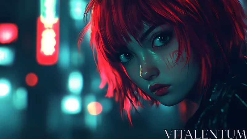 Cyberpunk girl stares back under neon city lights