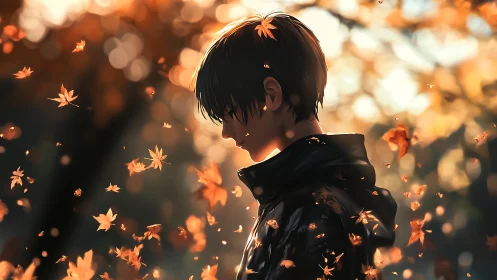 Autumn boy in quiet profile adrift among glowing leaves.