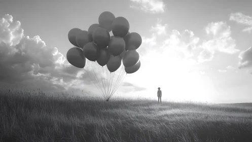 Child and drifting balloons in a quiet sunlit meadow.