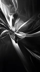 Monochrome abstract light streaks on dark fluid background.