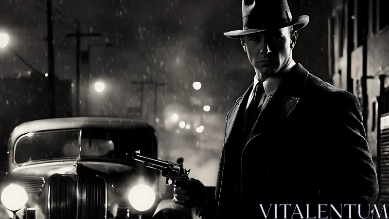 Noir detective in rainlit alley with vintage sedan poised.