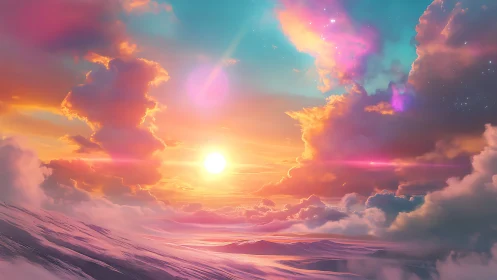 Vibrant nebula sunset over softly rendered snow horizon.