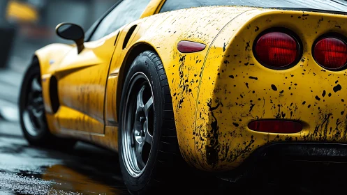 Photorealistic rear three-quarter of mud-splattered yellow sports car.