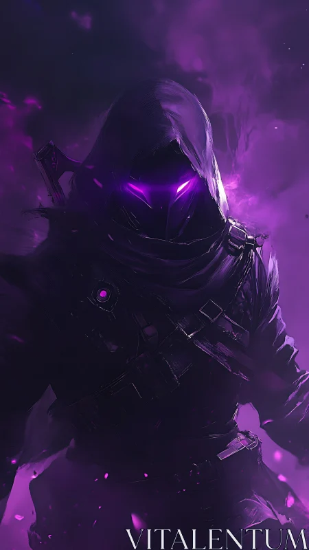 Mystic hooded guardian glowing with vibrant violet power.