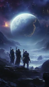 Armored explorers survey luminous exoplanet horizon at dusk