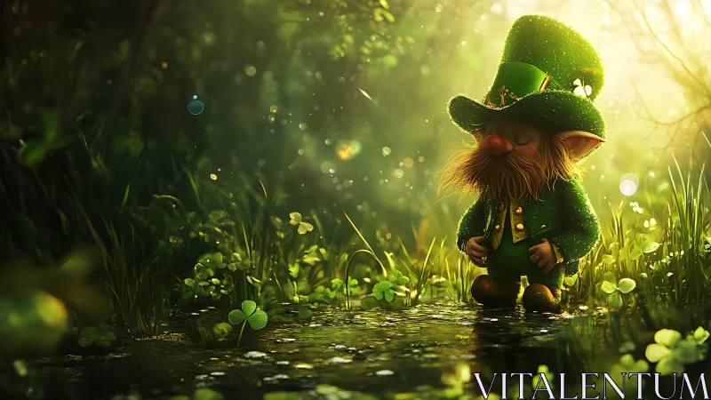 Small leprechaun figure standing in damp clover forest scene.