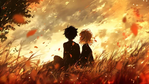 Autumn anime couple sitting in a glowing sunset field.