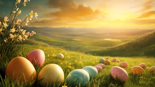Gradient-lit hillside with pastel Easter eggs under atmospheric sunset