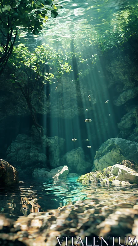 Submerged forest cavern channels volumetric light through water