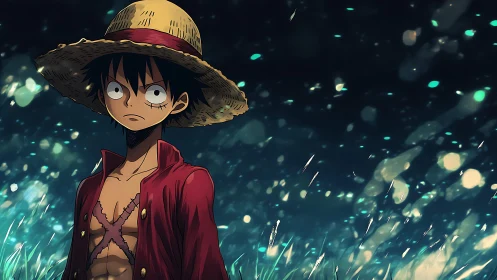 Straw-hatted anime wanderer in luminescent night field.