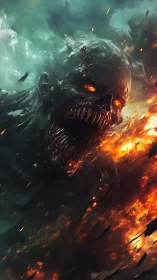Demonic fiery creature emerging from smoke and flames.